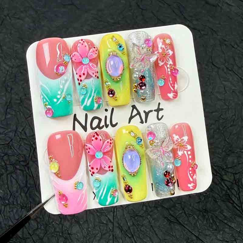 Reusable Summer Handmade Press On Nails Long Square Tropical Rainbow Flower Design