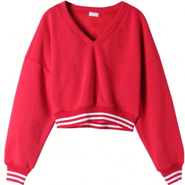 Fashion Women'S Drop Shoulder Sweatshirt ,  V Neck Crop Top Pullover Red Black