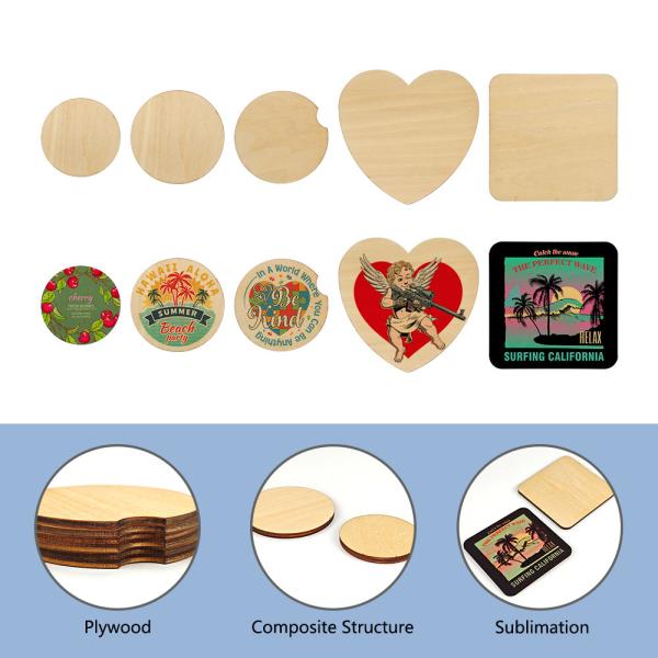 DIY Customized Wood Sublimation Blanks Coffee Cup Mats Drink Pads Plywood Car Coasters
