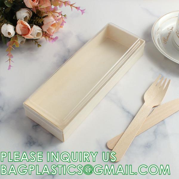 Wooden Food Packaging Box Cake Dessert Container With Plastic Cover, Take Out Pastry Cake Lunch Sushi Tray
