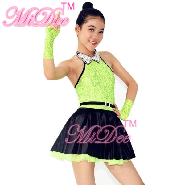 Fancy Polyester Lycra Girl Jazz Dance Dress With Rhinestones Choker Collar