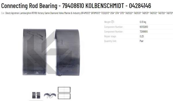 Connecting Rod Bearing 79408610 04284146 For Deutz BFM1013 TCD2013 D7D TAD520 TAD530 TAD531 TAD532