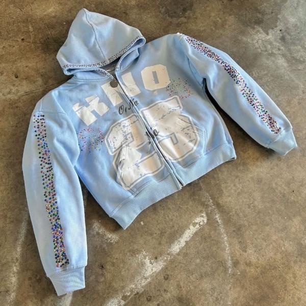 Custom Women Men Unisex 100% Cotton Heavyweight 500 Gsm Silk Screen Printing Oversize Boxy Zip up Rhinestone Hoodie
