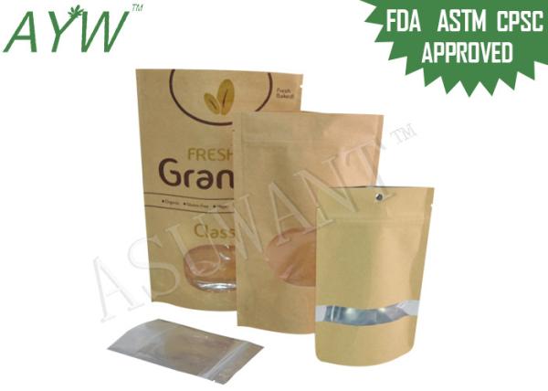 Moisture Proof  Stand Up Kraft Bag With Window, Kraft Paper Food Packing Bags With k
