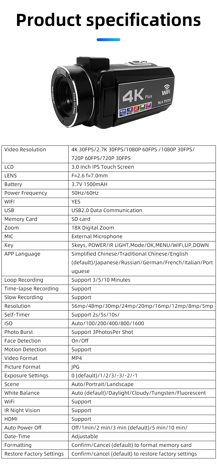 UHD 4K Video Camera 18X Digital Zoom 3.0 Inch IPS Screen Camcorder Vlogging Camera for YouTube with Wifi &Night Vision