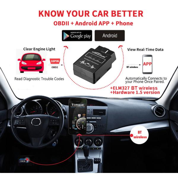 Читатель кода KONNWEI KW912 всеобщий Bluetooth ELM327 OBD II для андроида в черноте