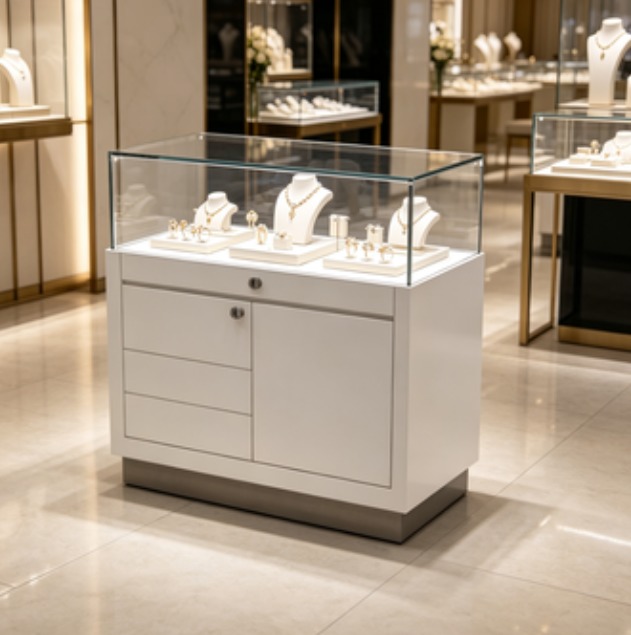 Minimalist White Jewelry Display Case with Customizable Options and LED Lighting