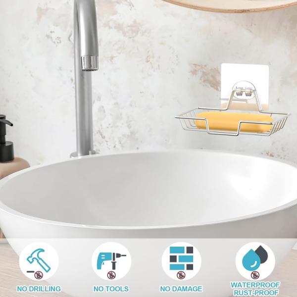 No Drilling Wall Mounted 304 Rustproof Stainless Steel Square Soap Dish Holder for Bathroom and Kitchen
