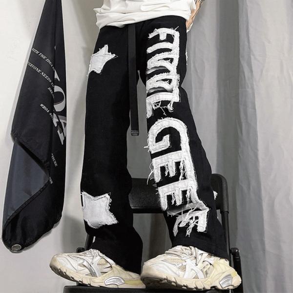 Mens Streetwear Track Pants Applique Graphic Embroidered Patches  Acid Wash Mens Joggers