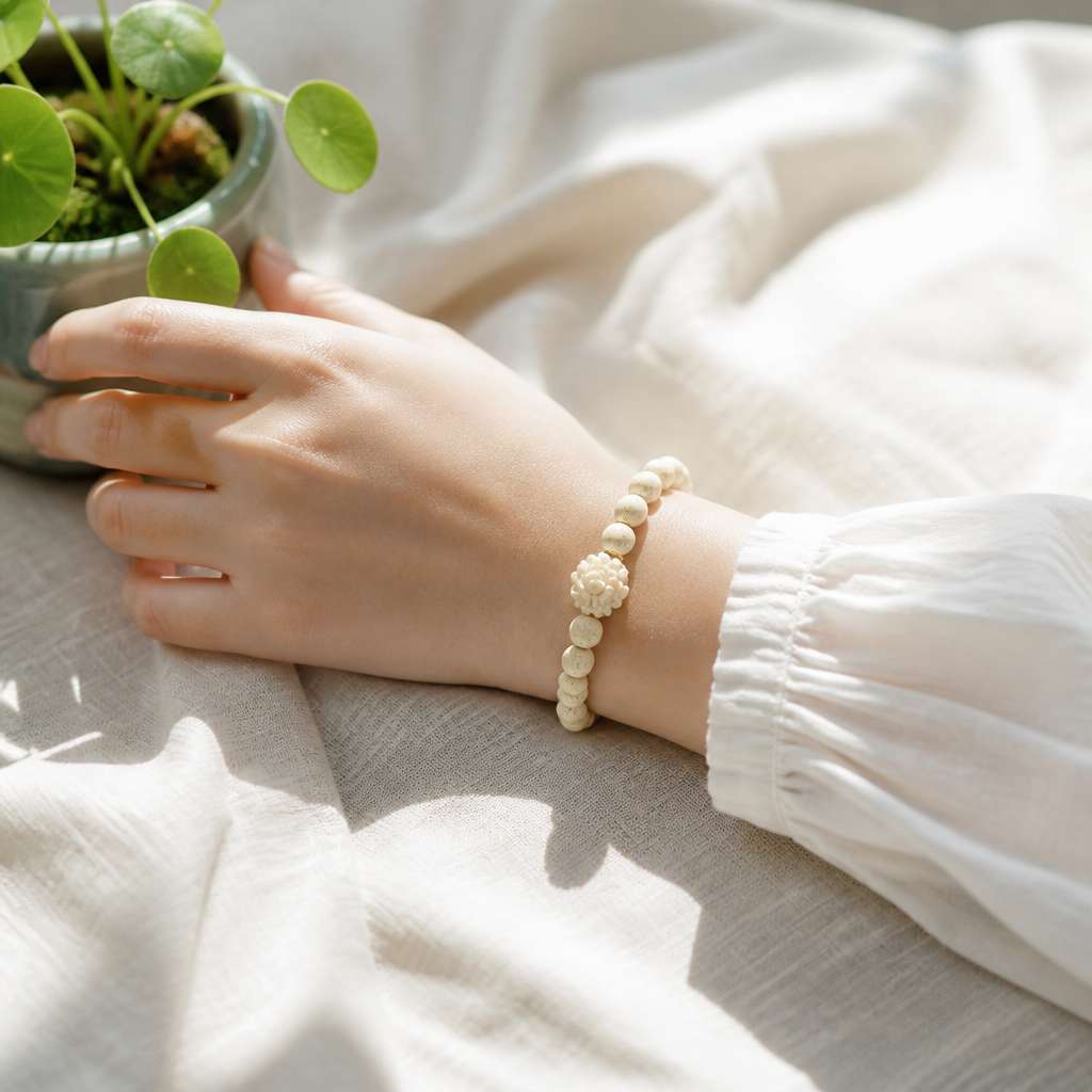 Natural Bodhi Root Taoist Bracelet with Hand-Carved Lotus Beads in Ivory White for Meditation