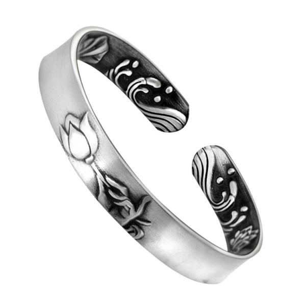 Adjustable Retro Sterling Silver Cuff Bracelet Engraved Flower(XH056244W)