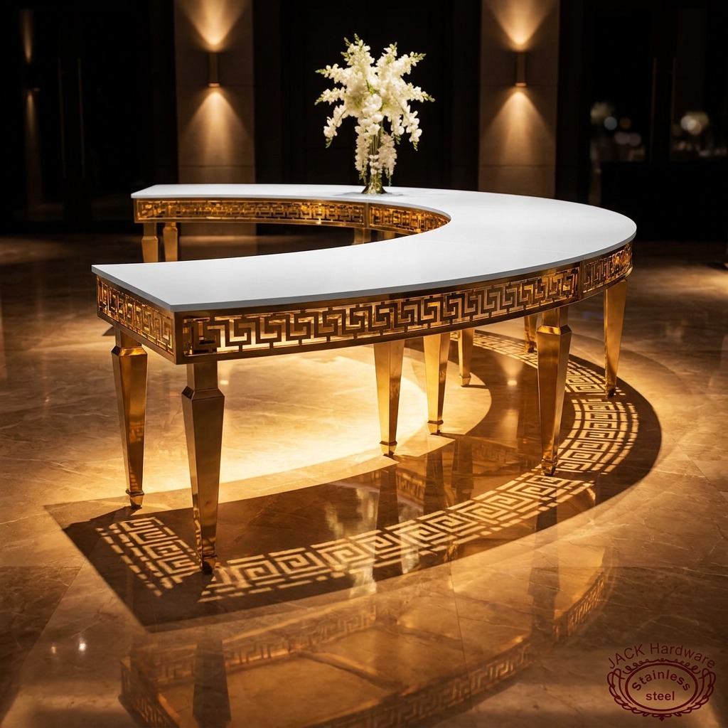 WENDING Gold Crescent Moon Fretwork-Skirt Banquet Dining Table – Chinese Luxury Wedding Table
