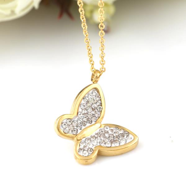 Gold Plated Diamond Jewelry Necklace, Stainless Steel  Butterfly shape necklace silver color