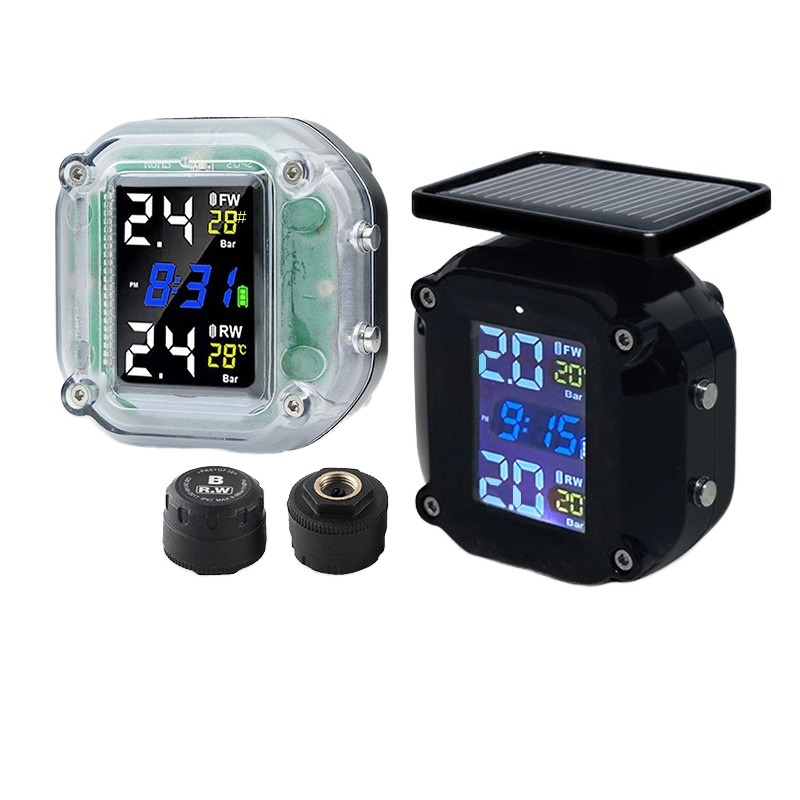 Motorcycle TPMS 12V Universal Fit Tire Pressure Monitoring System Solar Powered Display External Sensors