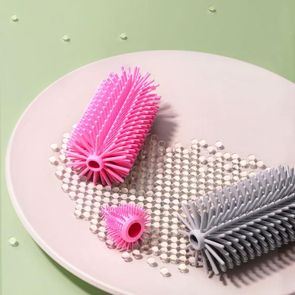 Juego de cepillos de limpieza de silicona giratorios de empuñadura recta 3 en 1 para biberón de alimentación de leche de bebé paja de pezón