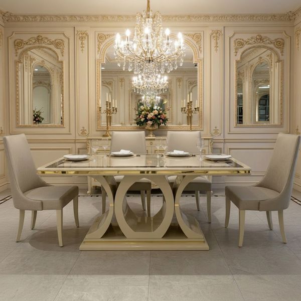 White Luxury Wooden Dining Table and Chairs Set 6 Seater Home Furniture Dining Room Dining Table with Sideboard Wine Cabinet