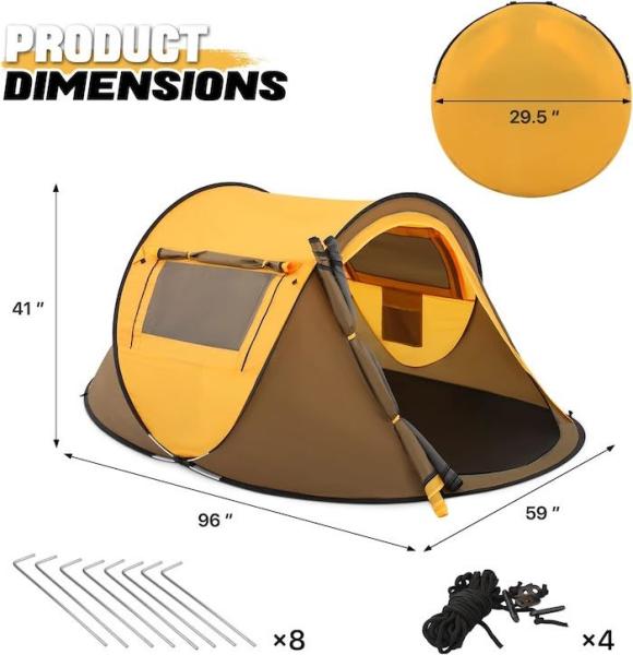 96*59*41 polegadas de poliéster amarelo 4 Temporada Pop Up Camping Tent com janelas de malha e design à prova d'água para 2 pessoas