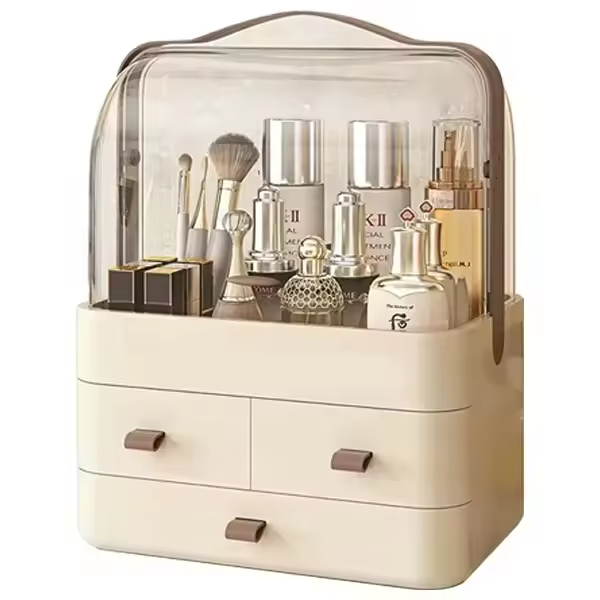 Luxury Skincare Organiser With 2 Drawers And Transparent Dust-Proof Cover Makeup Plastic Storage Box