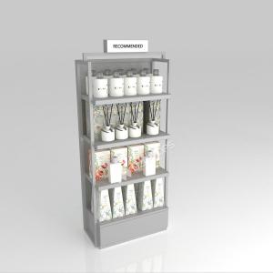 コンパクトストアカウンター用ライトボックス付きグレー木製ショーケースキャビネットとプレミアムディスプレイラック