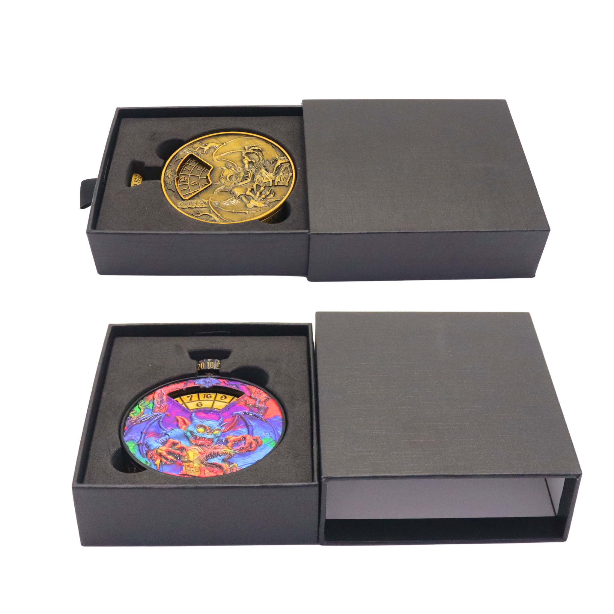 Premium Antique Copper Metal Dice Spinner with 7-in-1 Dual Sided Design and Press-to-Spin Mechanism for TRPG Gaming