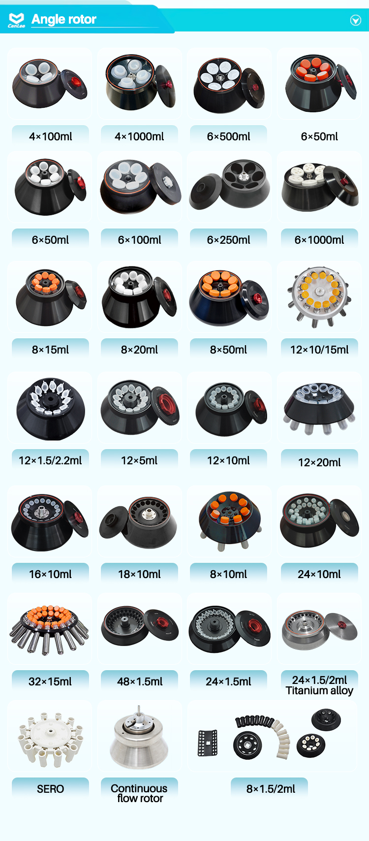 Customize Large Capacity Angle Rotor Lab Centrifuge Rotors 4x1000ml 6x1000ml 6x50ml 8x50ml 12x10/15ml OEM Centrifuge Angle Rotor