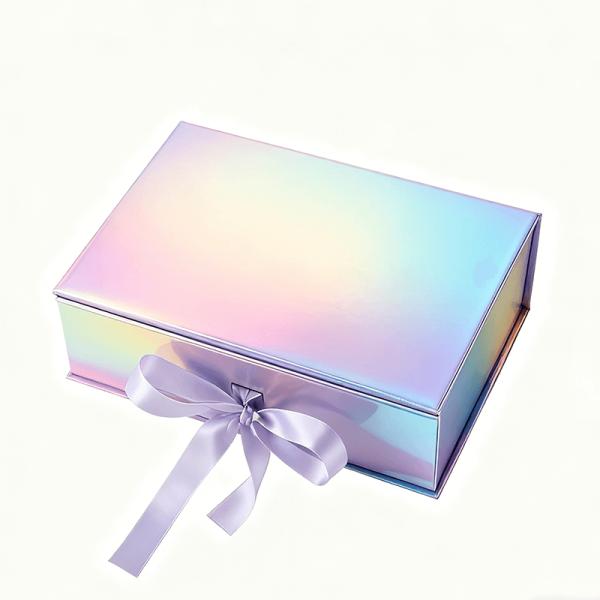 Caja de embalaje de regalo con tapa magnética abatible holográfica de lujo, hermosa, con cinta, materiales reciclados para calcetines