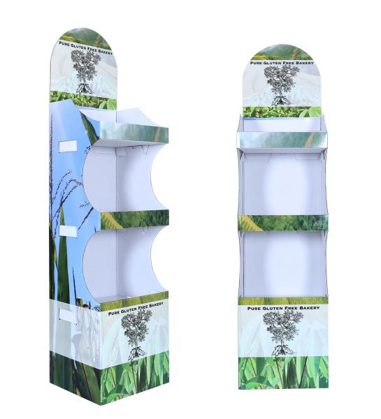 Supermarket recycle cardboard food display cardboard pet food display stand corrugated floor dog food paper display rack
