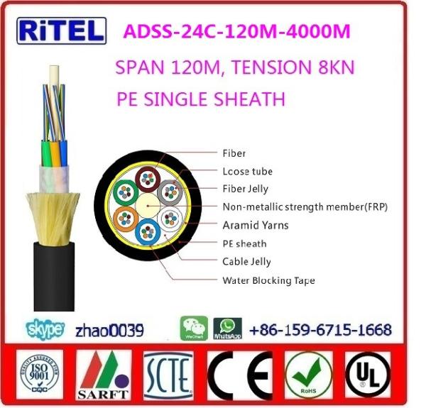 ADSS central loose tube layer-stranded fiber optic cable ADSS-12C, 100M SPAN, PE SHEATH