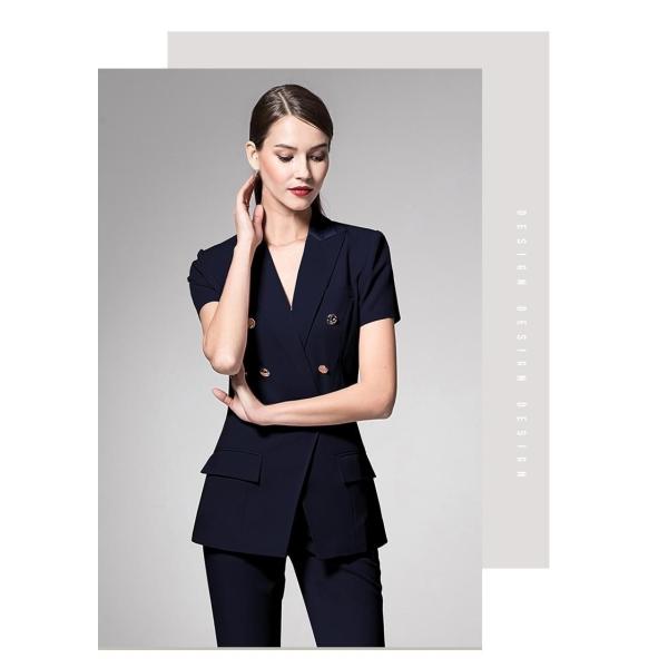 Тёмный военно-морской стиль стройный блейзер для дам офис короткий рукав женские костюмы воротник V-шесть