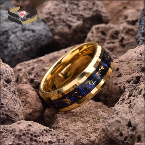 Men'S Tungsten Wedding Band Ring Gold Foil Inlayed With 8mm Galaxy Sandstone Opal