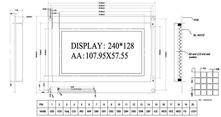 Transmissive 20Pin cOG 240x128 Graphic LCD STN Display With SAP1024B Driver IC