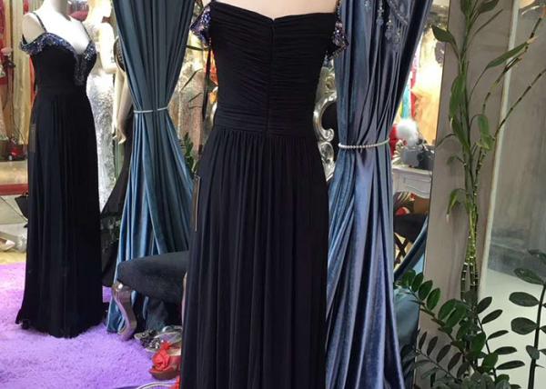 Sling Black A Line Prom Dress Deep V Neck Sweetheart Blue Beading Stretch Fabric