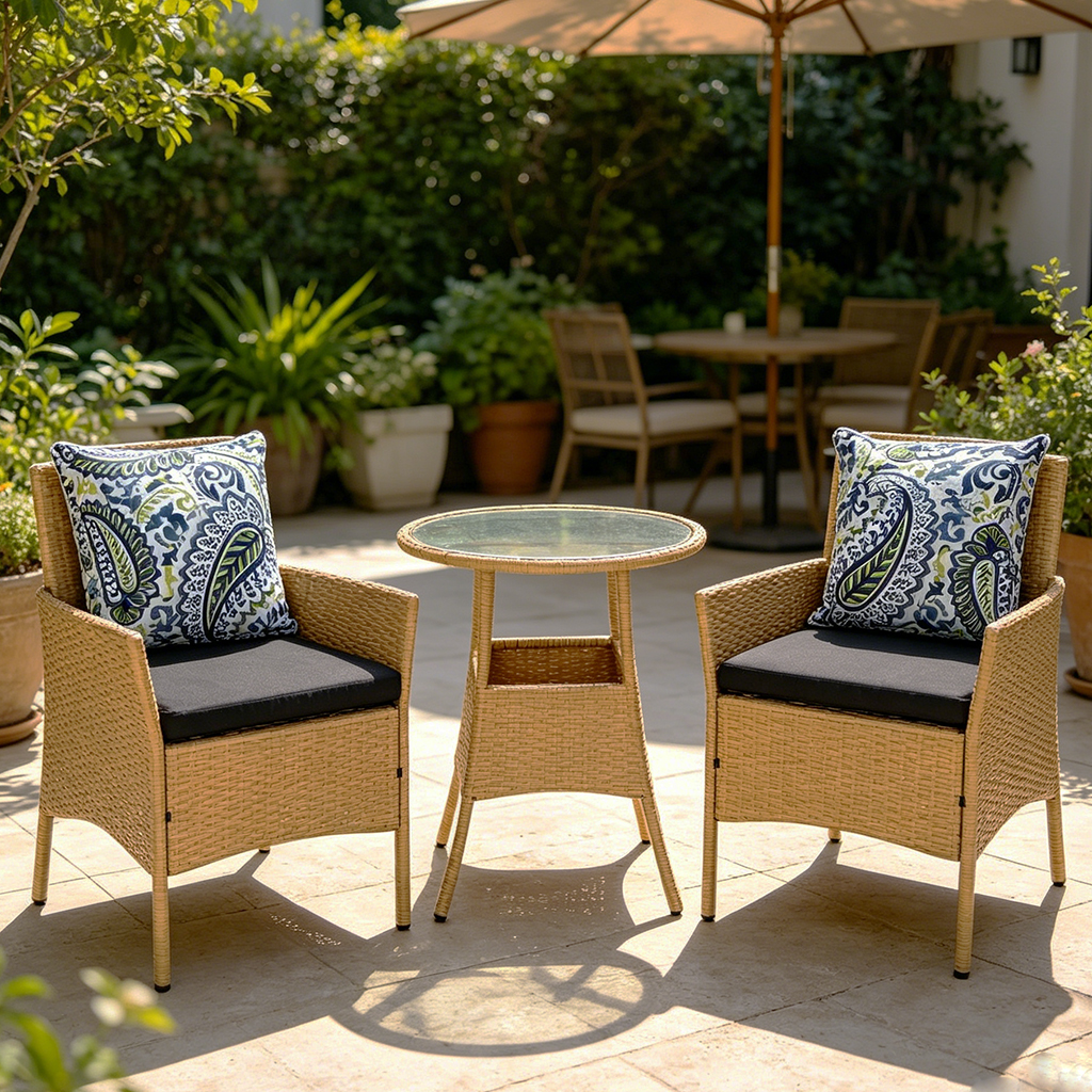 Wholesale 3 Piece Set with Cushions Poly Rattan Fresco Dining or Lounging in the Garden Small Size Table and Chairs