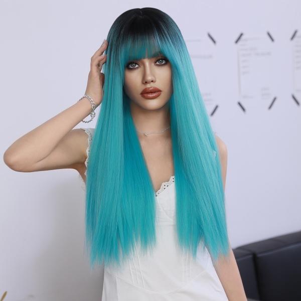 Fashion Long Straight Dark Root Hair Blue Synthetic Wigs For Women