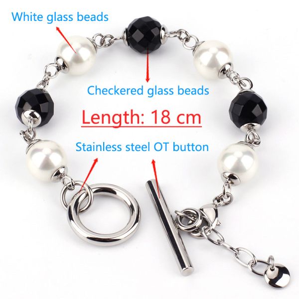 Wholesale Black White Design Stainless Steel Glass Pearl Beaded Bracelet
