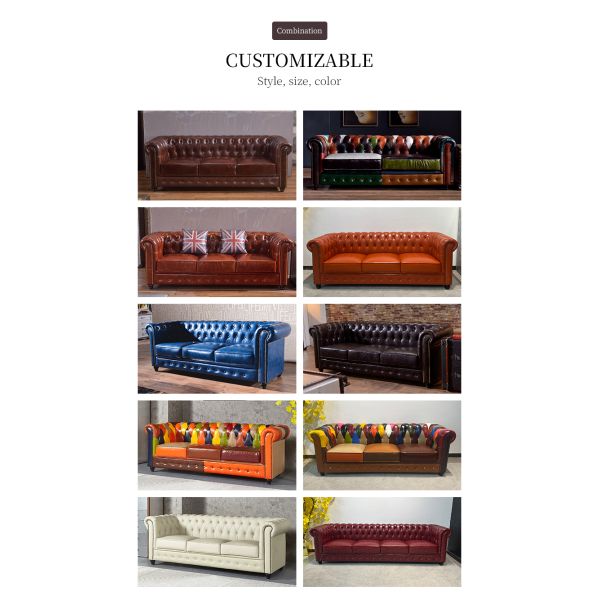 Nidea #8907 High Quality American Retro Chocolate Brown Chesterfield Leather Modern Sectional Couch 3 Seater Living Room Sofa Set Furniture