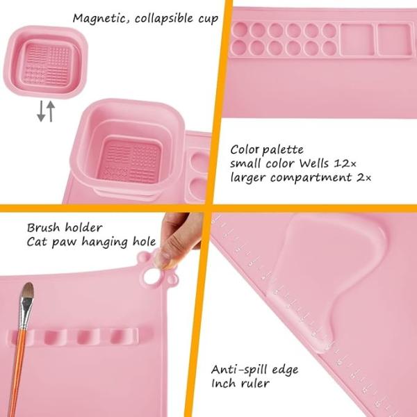 Pink Non Slip Silicone Paint Mat With Cup And Brush Kids And Artist Painting Tools