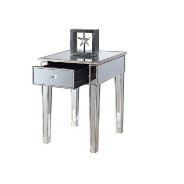 Sparkly silver mirrored nightstand square shaped end table 1 drawer corner table for living room