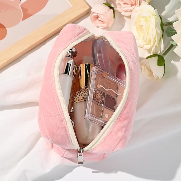 Pink Purple Yellow White Puffer Travel Organizer Soft Quilted Plush Makeup Brush Cosmetics Pouch Pink Puffy Toiletry bag