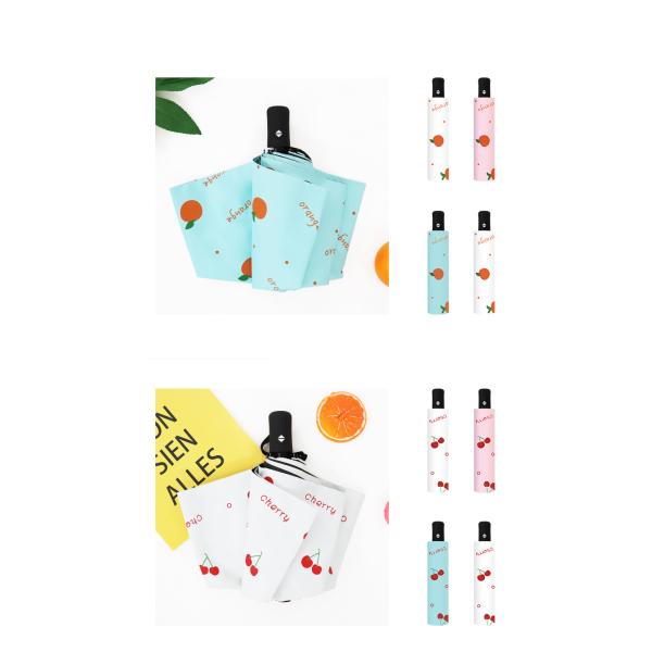 Ladies Three Fold Blue Umbrella with Strawberry Dot Pattern All-Season Manual Open