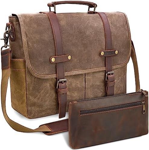 MENS MESSENGER BAG 15.6 INCH WATERPROOF VINTAGE GENUINE LEATHER WAXED CANVAS BRIEFCASE LARGE SATCHEL SHOULDER BAG