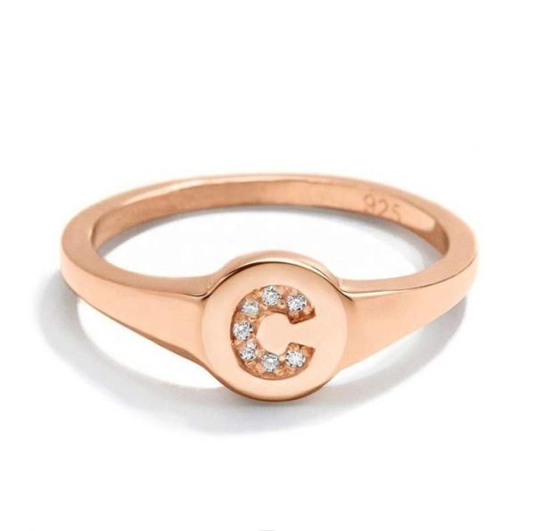 Customizable Letter Initial Signet Ring 18K Gold Plated 925 Silver CZ Classic Design