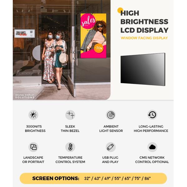 Window Indoor Advertising Display Screen Android 65 Inch Digital Signage 3000 Nit