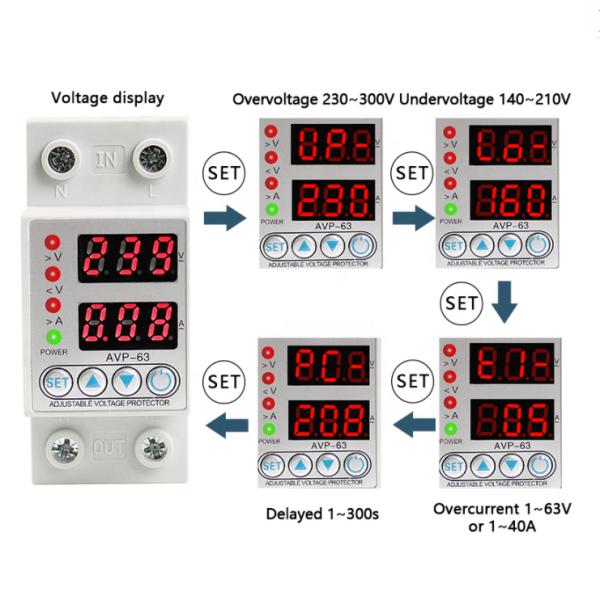 40A/63A Din Rail Dual Display Adjustable Intelligent Over Voltage Current And Under Voltage Protective Device Protector Relay