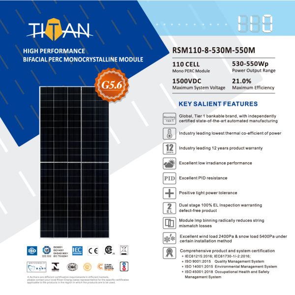 Tier 1 Brand 25 Year Warranty Pv Modules Risen Solar Panel 530W-550W  110cell PERC Mono Pv Panel (RSM110-8-530M-550M)