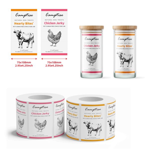 Custom Printed Waterproof Packing Label Hearty Bites' and Chicken Jerky Label Design for Transparent Bottle Labels