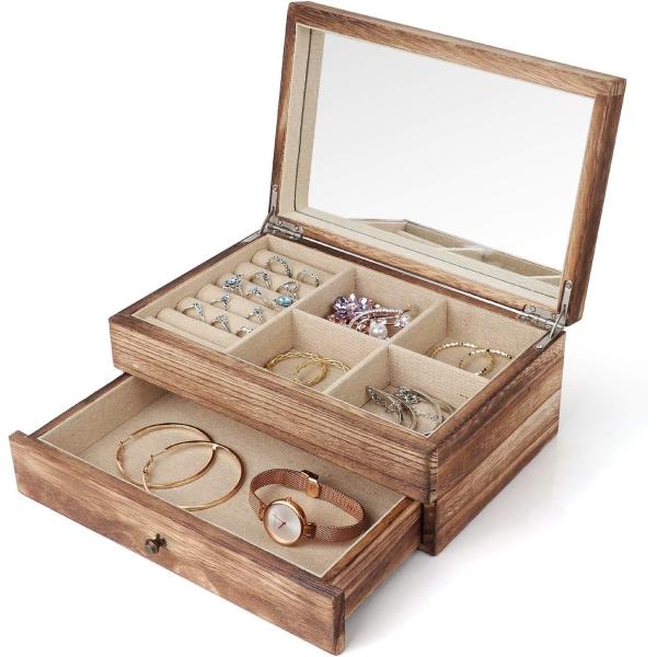Custom Oem Logo Rustic Wooden Jewelry Box With Mirror Ring Tray Large Size Craft Gift