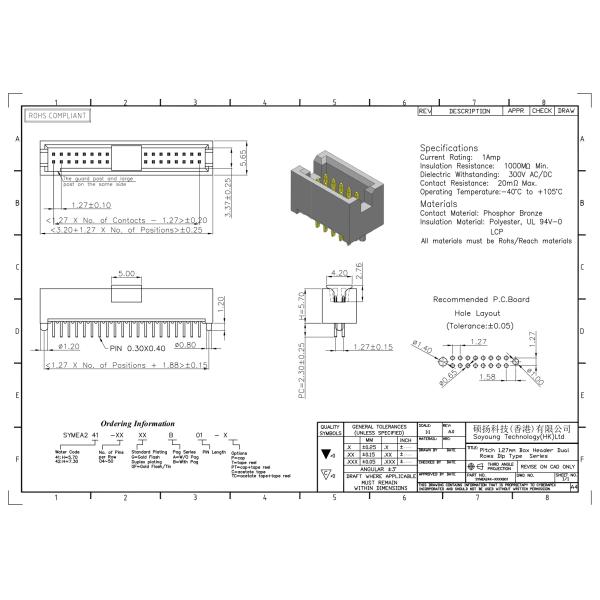 соединитель 1.0AMP заголовка коробки 1.27mm для компьютера Mainboard
