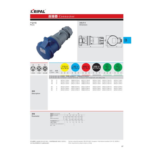 16 Amp 110V IP44 Waterproof Single Phase Connector IEC Standard