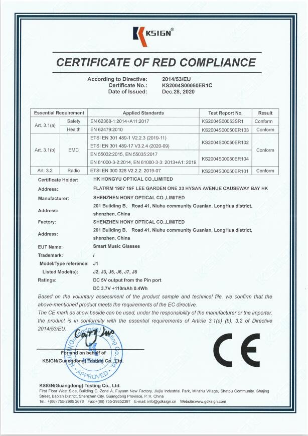 Shenzhen HONY Optical Co., Limited Сертификации